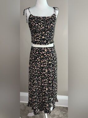 Black Floral Tank and Skirt Set with Floral Accents and Ties
